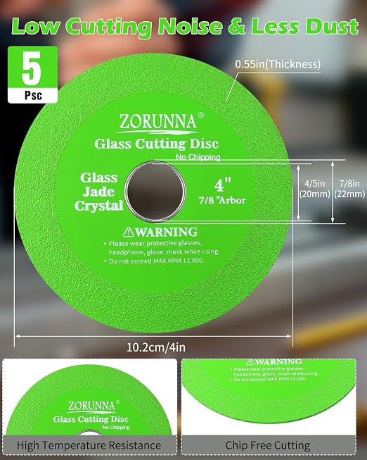 ZORUNNA 10 Pack Glass Cutting Disc for Angle Grinder, 4" X 7/8" Tile Diamond Cutting Disc, Ultra-Thin Glass Cutter Blade for Cutting and Grinding Jade, Crystal, Tile, Ceramic.