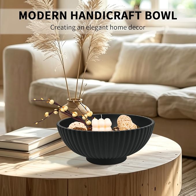 L'ARL GMVOI Large Decorative Bowl,Modern Handicraft Bowls for Home Decor,Fruit Bowl for Kitchen Counter,Stylish Key Bowl for Entry Table,Artificial Stone Black