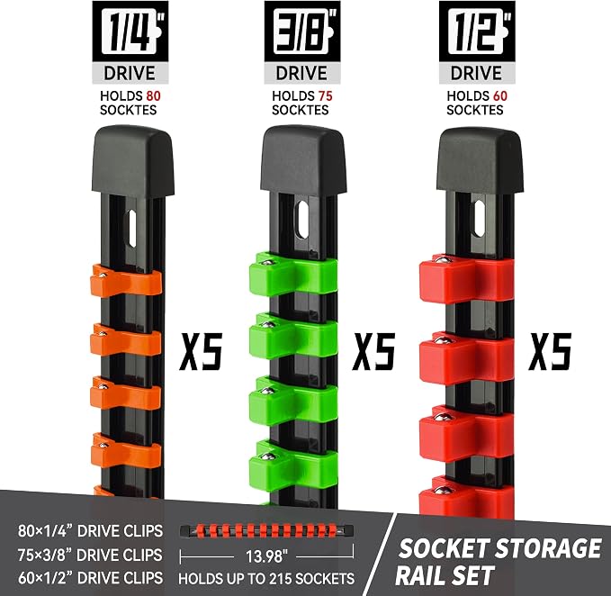 Reniteco 15-Pack Socket Organizer Set, 1/4" x 80 3/8" x 75 1/2" x 60 Clips | 215 Clip Capacity, Havy-Duty ABS Socket Rails, Removable Clips, Drive Socket Storage, Toolbox Drawer or Wall Mount