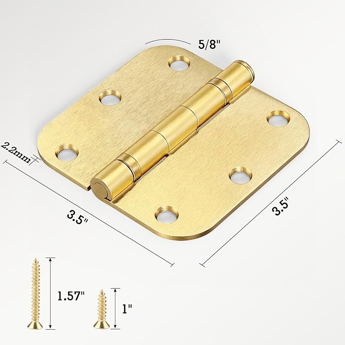 24 Pack Ball Bearing Door Hinges Satin Brass 3.5 Inch 5/8"Radius Rounded Squeak Free Interior 3-1/2"Flat Iron Bifold Standard Office Bedroom Indoor for Doors 3 ½" Hardware Home House Decor Essentials