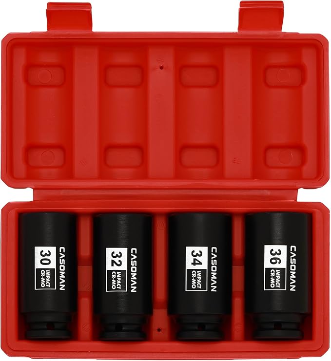 CASOMAN 1/2-Inch Drive Deep Spindle Axle Nut Impact Socket Set,12 Point Metric, CR-MO, 30,32,34,36mm, 4-Piece 1/2" Heavy Duty Impact Socket Set
