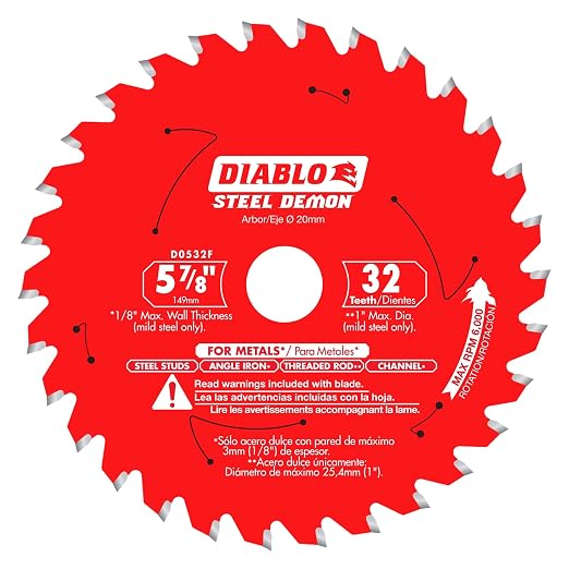 Diablo Steel Demon Saw Blade for Medium Metal - 5-7/8" Diameter, 32 TCG Teeth, 5/8" Arbor, .059" Kerf, 0° Hook Angle, .039" Plate, 5000 Max RPM - D0532F