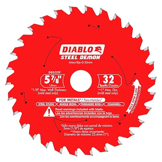 Diablo Steel Demon Saw Blade for Medium Metal - 5-7/8" Diameter, 32 TCG Teeth, 5/8" Arbor, .059" Kerf, 0° Hook Angle, .039" Plate, 5000 Max RPM - D0532F