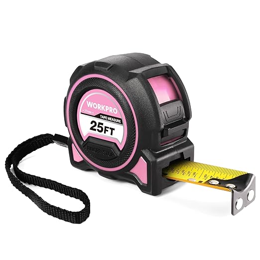 WORKPRO Pink Heavy Duty Tape Measure, 25FT Retractable Tape Measurement, Double Retract Long Stand Measuring Tape Accuracy 1/32 for Engineer, with Magnetic Hook, Belt Clip, Rubber Protective Casing