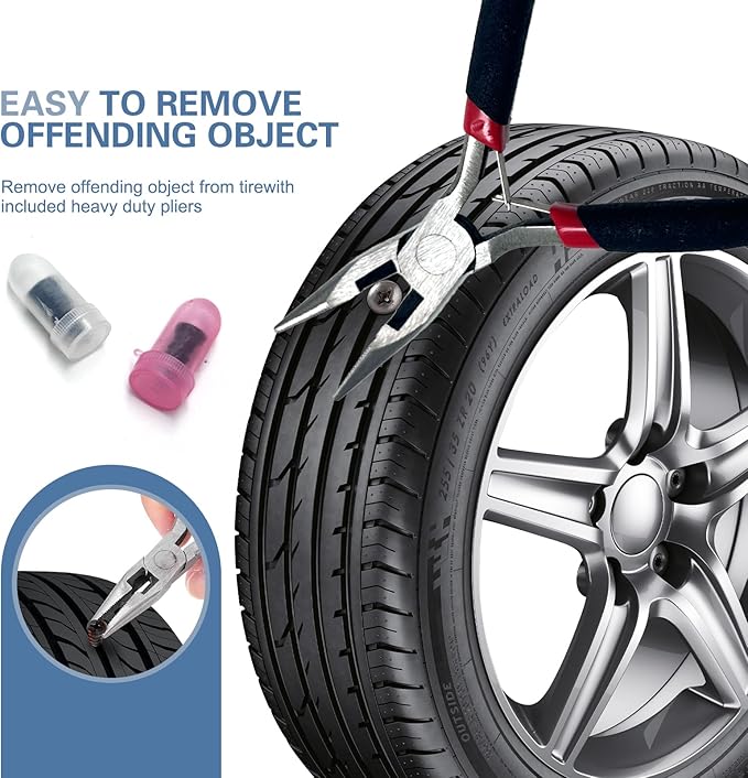 Tire Repair Rubber Nail Kit with Ratcheting Screwdriver, Needle-Nose Pliers & Organizer Case, Fast Self-Service Tool for Car, Truck, Motorcycle, Tractor Tire Puncture Repair