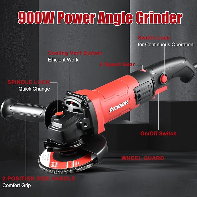AOBEN 900W Angle Grinder 4-1/2 inch | 7.5Amp, 11000 RPM, 6-Speed Corded Electric Cut off Tool with Switch Lock | for DIY & Metal Cutting, Grinding & Polishing