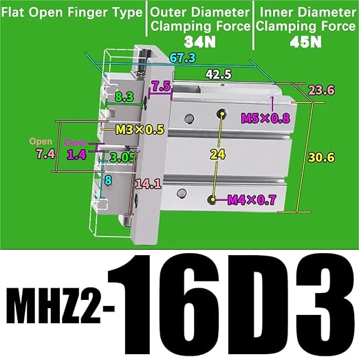 1PCS MHZ2 Pneumatic Finger Cylinder Parallel Gripper MHZ2-10/16/25/32/40D1/D2/D3 Side Thread Aluminium Clamps(MHZ2-16D3)
