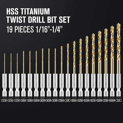 Drill Bit Set, 19Pcs Hex Shank Titanium Twist Drill Bit for Sheet Metal, Wood, Plastic, Quick Change Design (1/16" - 1/4")