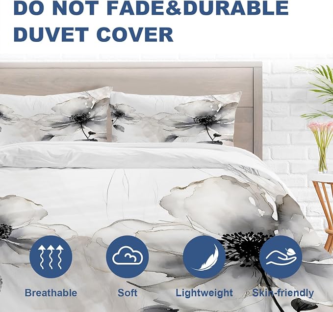 Batmerry Flowers Watercolor Twin Size 100% Cotton Duvet Cover Sets, Elegant Black White Flower Painting Bedding Set with Zipper Closure Corner Ties, 3 Pieces (1 Cover + 2 Pillowcases No Comforter)