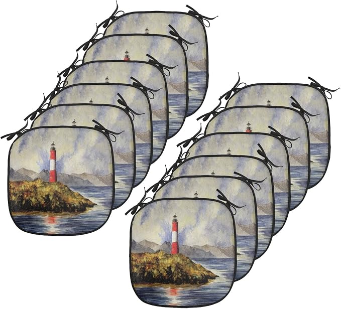 Lunarable Lighthouse Chair Cushion Pads Set 12, Les Eclaireurs Lighthouse Coastline Seashore Mountains Cliff Painting Effect, Anti-Slip Seat Padding for Kitchen & Patio, 16"x16", Blue Red Green