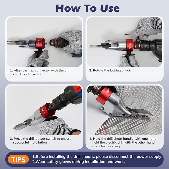 VLOXO Drill Metal Shear Attachment Shear Metal Cutter with 360-Degree Pivoting Head Cordless Electric Drill Attachment Professional Metal Cutting Tool for Cuts Iron Sheet Aluminum and Copper