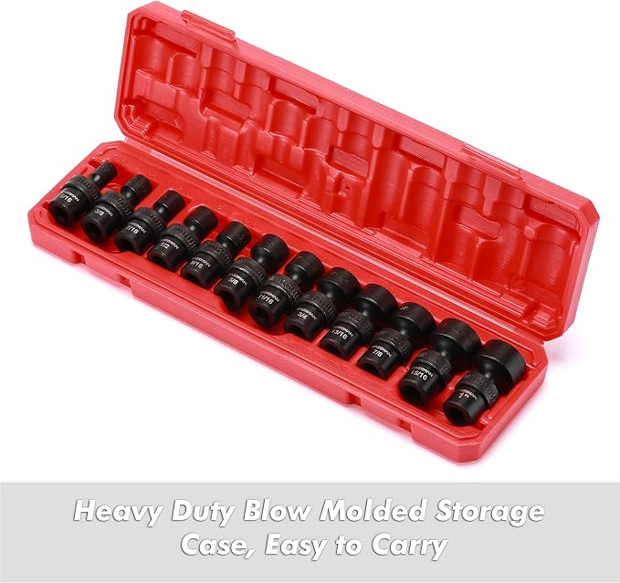 CASOMAN 12 Pieces 3/8-Inch Drive Shallow Universal Impact Socket Set, SAE, 5/16"-1", CR-MO, Swivel Socket
