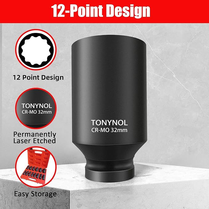 TONYNOL 1/2" Deep Drive Impact Socket Set,12‑Point,SAE (3/8"‑1‑1/4"),14Pcs | Cr-Mo Steel,With a Storage Case.