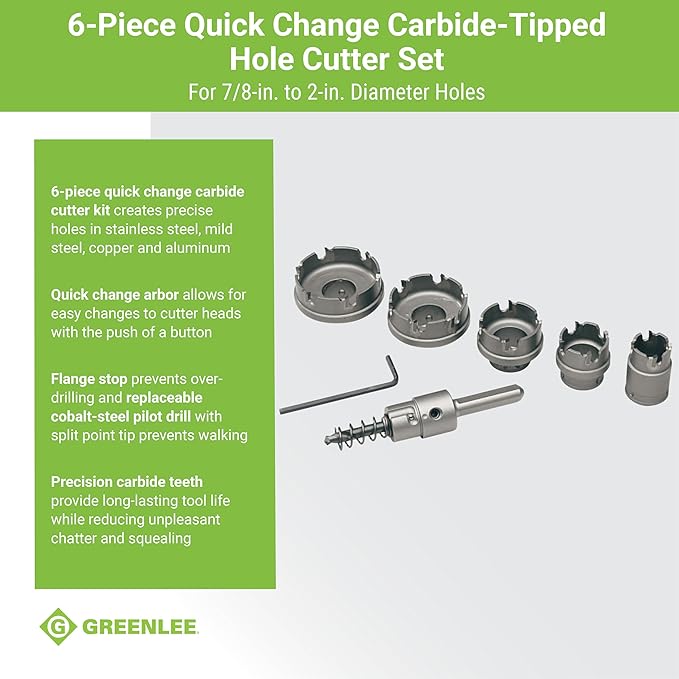 Greenlee 660 6-Piece Quick Change Carbide-Tipped Unfinished Hole Cutter Set, 7/8" - 2"