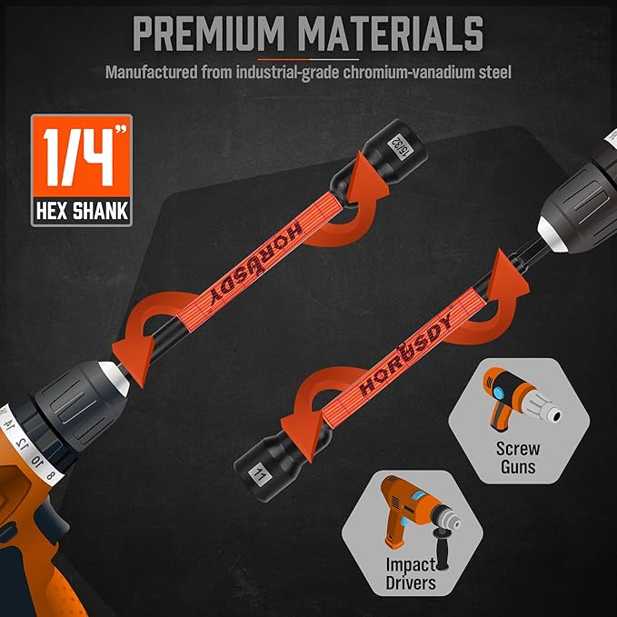 HORUSDY 18Pcs Nut Driver Set SAE and Metric, Impact Magnetic Nut Driver for impact drill, 6 Inch Extra Long Nut Drivers, Cr-V Steel 1/4" Hex Shank Quick Change, with Storage Case