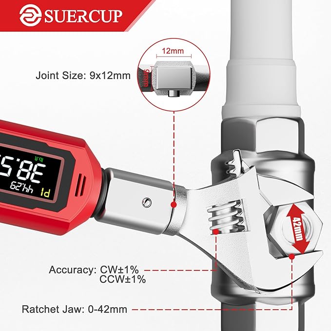 SUERCUP Adjustable Digital Torque Wrench 0.66-44.29Ft.Lb/0.9-60N.m,9x12 mm Open End Hvac Torque Wrench with 3/8 Drive Ratchet Head&42mm Jaw, Vibration, Buzzer,LED Notification for Split AC, Bike, Moto