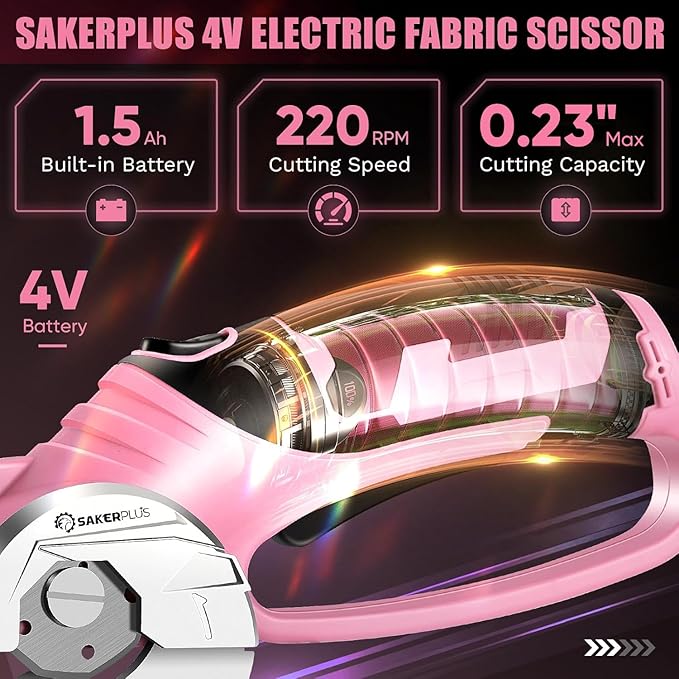 SakerPlus Cordless Electric Scissors,4V Rechargeable Cardboard Box Cutter Heavy Duty Fabric Scissor with Safety Lock & LED Light,Power Rotary Cutter for Leather Carpet Plastic Cutting,Sewing,Crafting
