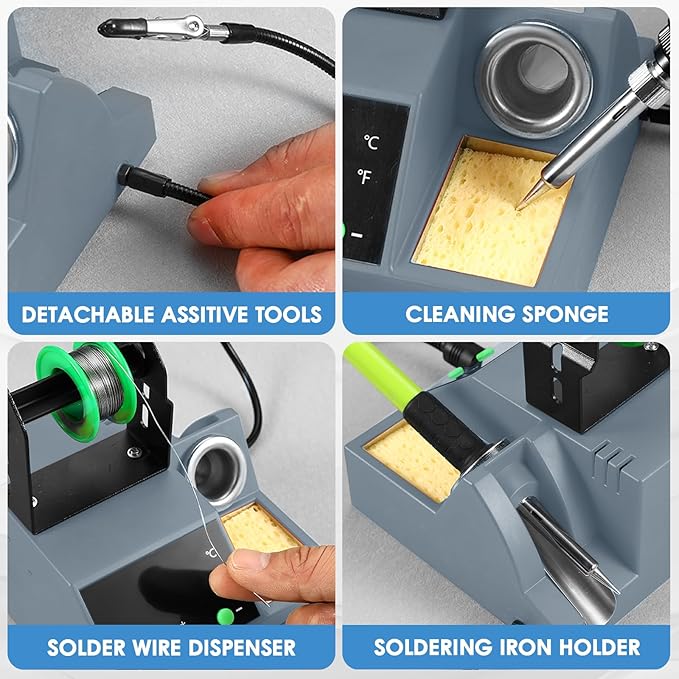Soldering Station, 100W Digital Display Soldering Iron Station Kit with 2 Helping Hands, 356°F - 896°F, Auto Sleep, °C/°F Conversion, Solder Wire, Tips, Stand, Pump, Tweezers, Tip Cleaner, Gray