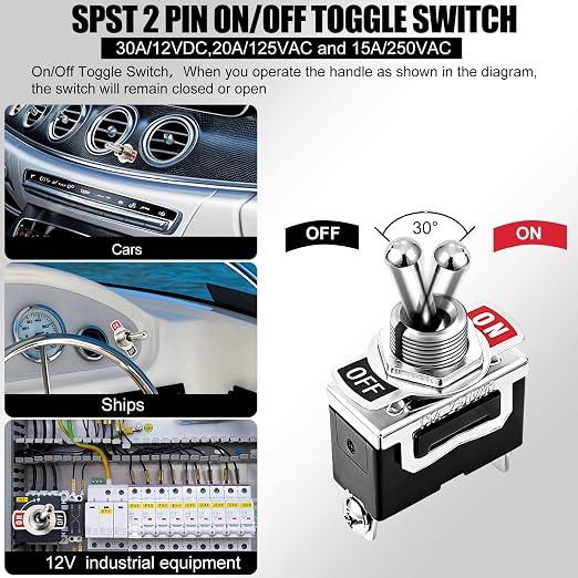 12V Waterproof Toggle Switch,Durable SPST 2Pin 20A 125V AC/ 15A 250V AC Heavy Duty ON/Off Switch with Waterproof Cap Terminals，Suitable for Automotive Boat Truck–Pack of 5