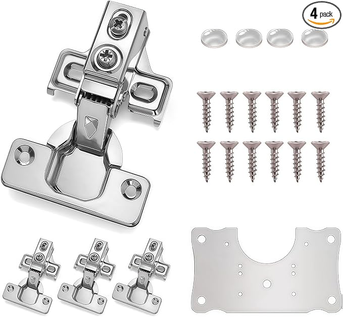 Cabinet Hinges - 4 Pack for 1/2 inch Overlay Cabinet, Face Frame Concealed 105Deg Self Closing Hinges, Stainless Soft Close Cabinet Door Hinges with Mounting Screws and Repair Plate