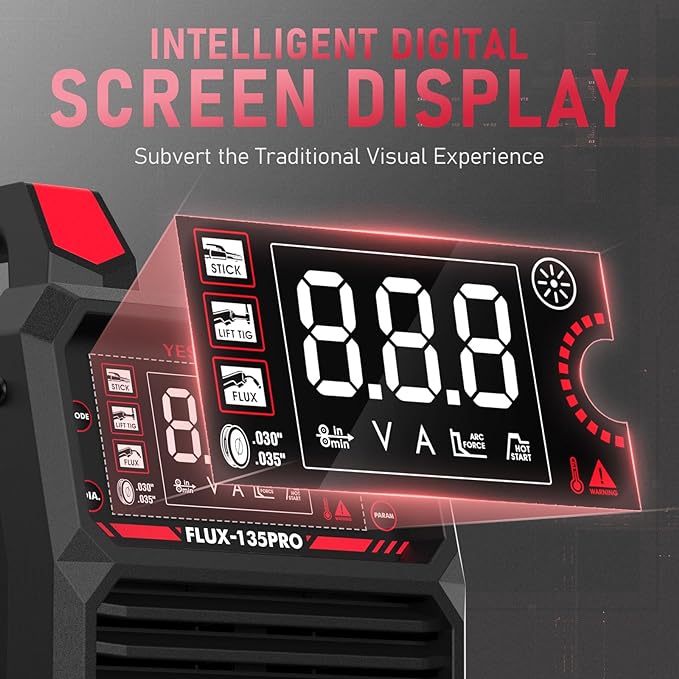 YESWELDER 135A MIG Welder, 110V Flux Core MIG/Lift TIG/Stick 3-in-1 Large LED Digital Display Welding Machine IGBT Inverter Welder