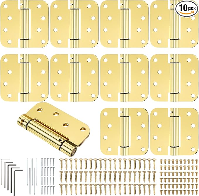 Yaocom 10 Pcs Self Closing Door Hinge 3.5'' Spring Loaded Hinges Automatic Door Closer Hinge Adjustable Tension for Garage, 5/8'' Radius Corners(Gold,4'')