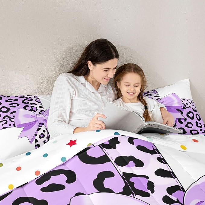 Feelyou Leopard Print Bedding Set Soft for Boys Girls, Purple Cheetah Bow Comforter Set King Size Animal Fur Duvet Quilt Microfiber Bedroom Decor 3 Pcs with 2 Pillow Cases