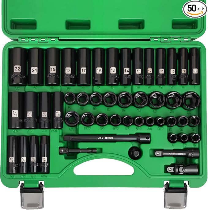 3/8" Impact Socket Set, 50PCS SAE 5/16-3/4" & Met 8-22mm | 6 Point, Extension Bars, Impact Universal Joint, Adapter, Cr-V Steel