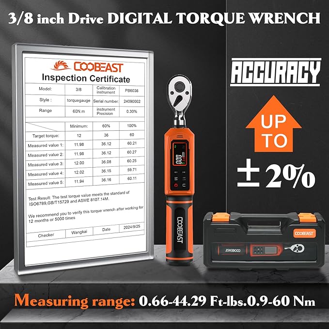 coobeast Digital Torque Wrench, 3/8 Drive Electronic Torque Wrench Set with Preset Value(0.66-44.29 Ft-lbs./0.9-60Nm), Buzzer and LED Flash Five Units of Measure Torque Wrench for Bicycle, Bike