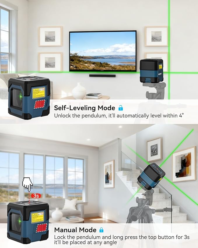 Laser Level, RockSeed Cross Line Laser with Self-Leveling, Vertical and Horizontal Line, Rotatable 360 Degree, Carrying Pouch, Battery Included (Green Laser, 2-Line)