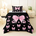 Feelyou Cute Black Pink Bowknot Kids Comforter Set Twin Size Love Hearts Bow Bedding Set Girly Bow Tie Duvet Quilt for Kids Boys Girls Bedroom Decor Microfiber Ultra Soft Breathable
