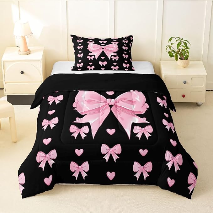 Feelyou Cute Black Pink Bowknot Kids Comforter Set Toddler Size Love Hearts Bow Bedding Set Girly Bow Tie Duvet Quilt for Kids Boys Girls Bedroom Decor Microfiber Ultra Soft Breathable