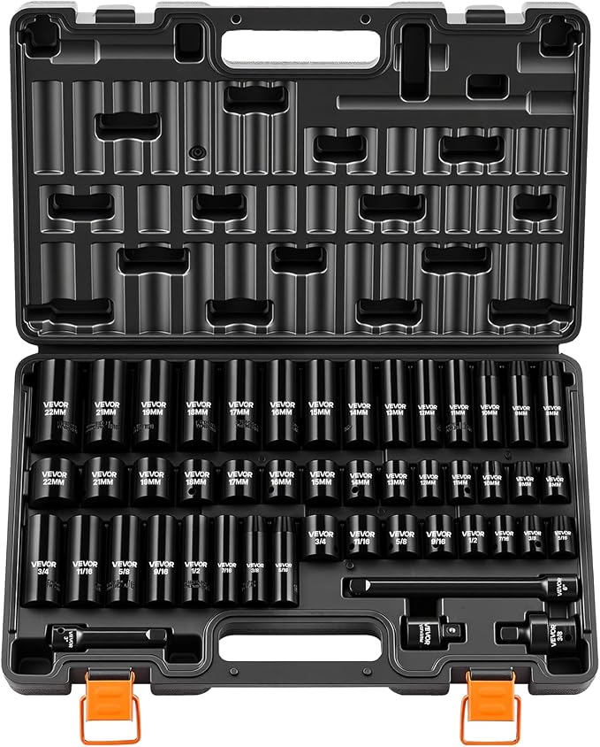 VEVOR Impact Socket Set, 3/8" Drive, 48-Piece Socket Set, 6-Point Sockets, SAE 5/16"-3/4" and Metric 8-19 mm, 21-22 mm, Easy to Identify, Cr-V Alloy Steel, Extension Bar, Adapter and Storage Cage | SAE (5/16" to 3/4") & Metric (8-22 mm), 6 Point, CR-V,...