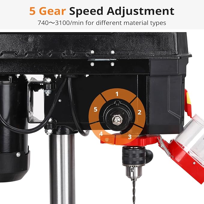 GarveeTech Benchtop Drill Press, 8 in 2.5Amp Bench Drill Press, 5Speed Variable, 0-45° Tiltling Worktable Bench Drilling Machine for Wood Metal