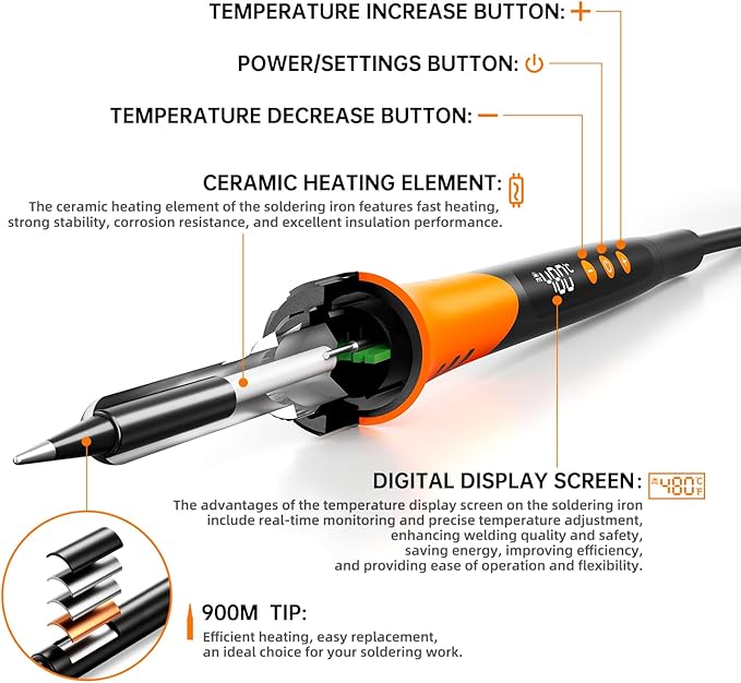 90W 110V LCD Soldering Iron, Soldering Iron Kit, 10-in-1 Soldering gun Tool, 5 Soldering Iron Tips, Solder Wire, Solder Paste, Adjustable Temperature Range 180-480°C