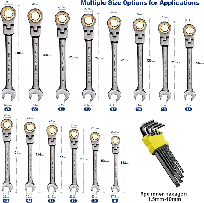 23-Piece Metric Wrench Set, Ratcheting Wrench Set with 8-24 mm Flex-Head Combination Wrenches, 9 Allen Keys, 72-Tooth Cr-V Steel, Nickel Plated, Organizer Bag