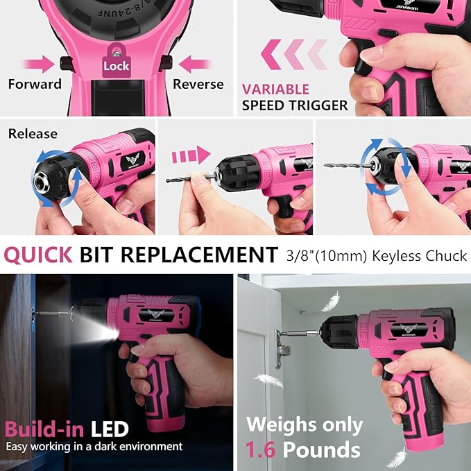 JENABOM 8V Power Cordless Drill, Electric Screwdriver for Women, Pink Drill Set with 3/8"Keyless Chuck, Built-in LED, Type-C Charge Cable, Variable Speed Trigger