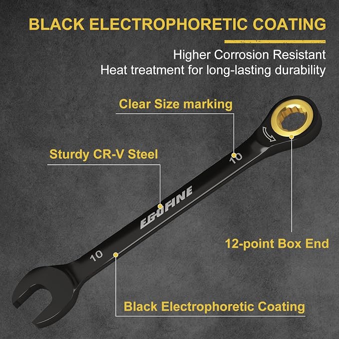 Egofine 10mm Ratchet Wrench, 10mm Wrench Ratcheting Combination Wrenches Metric, Industrial Grade Gear Spanner with 12 Point Box End, 72-Teeth Ratchet Black Electrophoretic Coating,CR-V