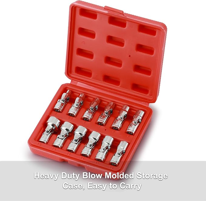CASOMAN 12PCS 1/4" Drive Universal Flex Socket Set, Metric, 5mm to 15mm, 6-Point, CR-V, Swivel Head, 360 Degree Access