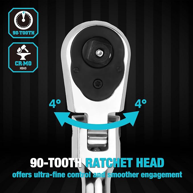 DURATECH 1/2-Inch Flex-Head Ratchet, 90-Tooth Quick-Release Ratchet Wrench | Socket Wrench with 180° Pivoting Head and 7-Position Setting, Reversible, CR-V Made, CR-MO Head, 4° Swing, Full Polished