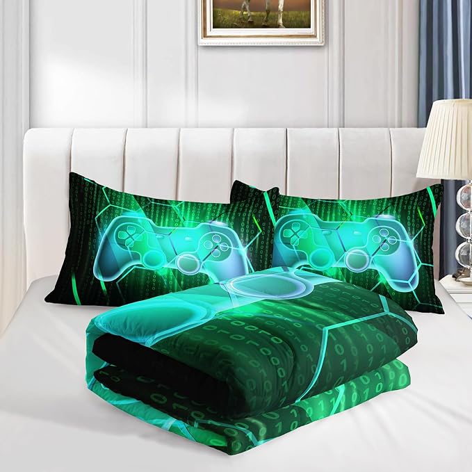 Axolotl Gamepad Comforter Set King Size,Number Video Gaming Gamer Bedding Set,Boys Game Console Comforter,Geometry Hexagonal Bedding for Teens Men Adults,1 Quilt 2 Pillowcases,Green Black