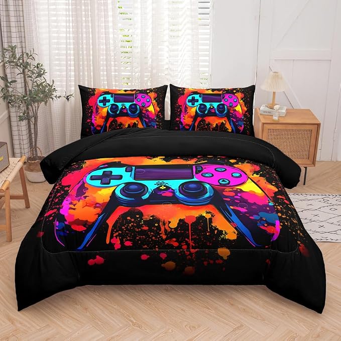 5 Pieces Twin Comforter Set for Boys,Gaming Comforter Sets for Boys,Kids Bedding Sets, Colorful Gamepad Controller,Game Bedding Set,Modern Gaming Boy Room Decor(Twin, Red)
