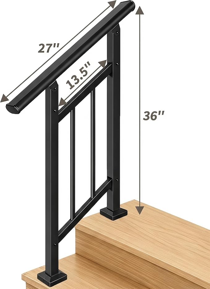 Hand Rails for Outdoor Steps，Stair Handrail & Indoor Stair Railing Kit，Railings for Outdoor Steps for Fence & Outdoor Steps (2, Black-with Balusters, 2 Step)
