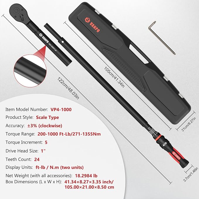 VANPO Torque Wrench 1 Inch Drive 200-1000 Ft-Lb, 48" Length, ±3% Accuracy | Heavy Duty for Mining, Oilfield & Structural Work, Click Style, Dual Scale, Dual Direction, TPR+ABS Handle, with Carring Case