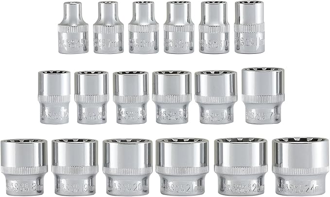 NEIKO 02488A 3/8" Drive Universal 6 Point Metric Socket Set, 18 Piece Universal Mechanic Spline & SAE, Cr-V Steel Low Profile, Spline Bit, 3/8