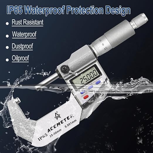 Digital Micrometer, Inch/Metric, Ratchet Stop, 1-2" (25-50mm) Range, 0.00005" (0.001mm) Resolution,Large Screen Digital Micrometer, Meets IP65 Specifications with Standard Ratchet Stop