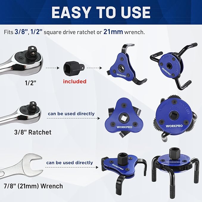 WORKPRO Universal Oil Filter Wrench Adjustable (68-130mm), Oil Filter Removal Tool, Oil Filter Change Set, Ideal for Engine Filters, Conduit, & Fittings