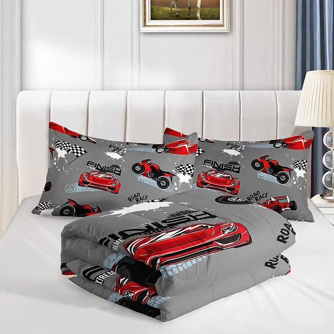Axolotl Kid Comforter Set Full Size,Racing Car Bedding Set for Boys Girls Teen Car Racing Gifts,Race Cars Quilt Bed Set with 1 Comforter 2 Pillowcases,Red Grey