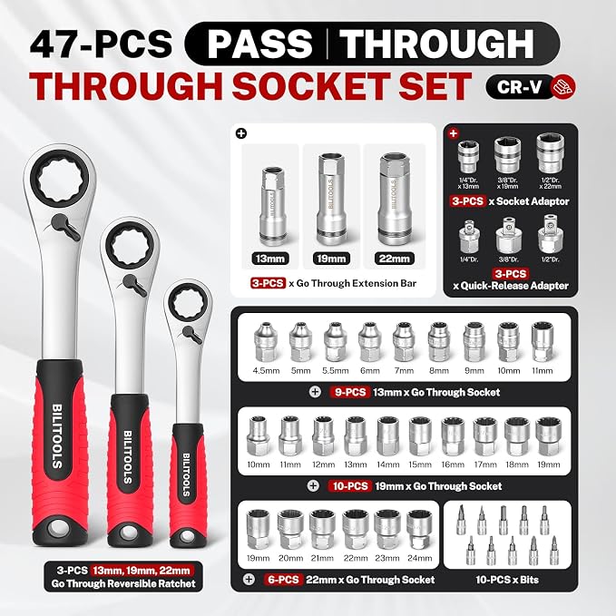 BILITOOLS 47 PCS Pass Through Socket Set with 1/4" & 3/8" & 1/2" Drive | Convertible Ratchet Wrenches (13/19/22mm), Spline Sockets and Bits, Pass Thru Go Through Mechanics Tools Set For Tight Spaces