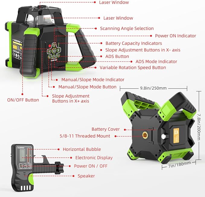 Huepar Electronic Self-Leveling Rotary Red Laser Level Kit - 360 Horizontal Laser Beam Interior/Exterior Rotating Laser Level Tool with Receiver, Protective Glasses, Hard Case RL300HR